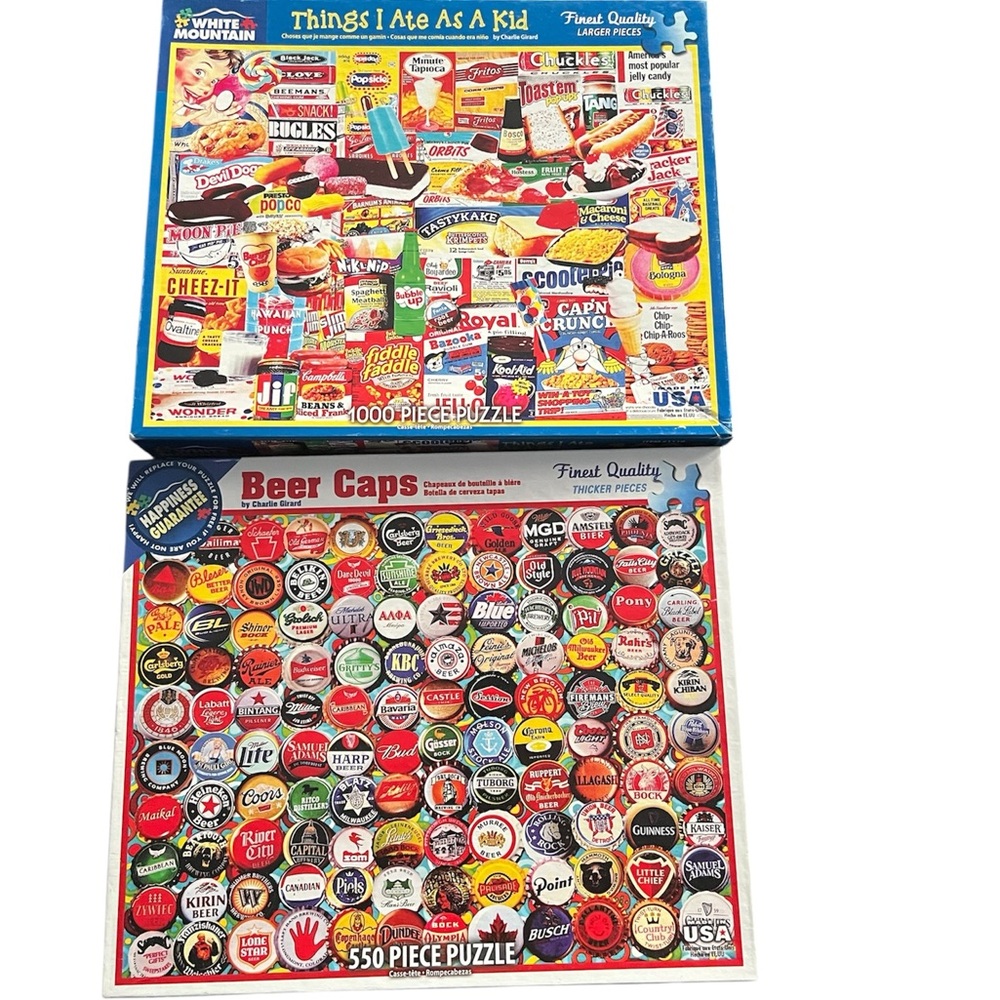 Bundle of White Mountain Puzzles. Things I Ate As a Kid and Beer Caps.